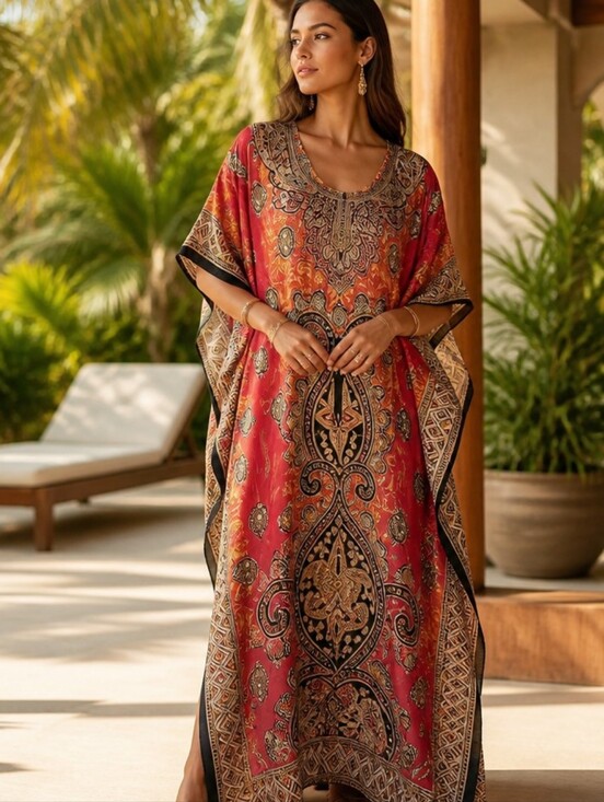 Other - Bold Red & Orange Paisley Maxi Kaftan